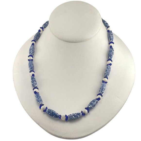 Handcrafted Blue & White Beaded Necklace With Jade Elephant Charm - Picture 11 of 11